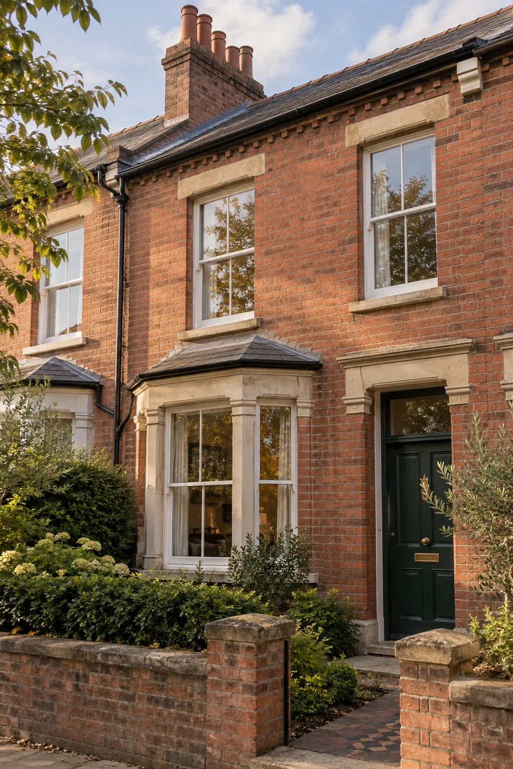 Red-brick English home with sash windows and a green front door